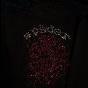 Black Rhinestone Spiderweb Hoodie - Red & Silver Detail
